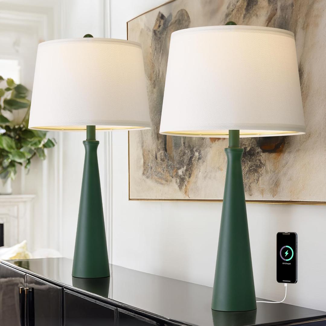 Oneach 25.75" Green Table Lamp Set of 2, Bedside Lamps with USB Ports, Modern Nightstand Lamps Set for Living Room Bedroom House Bedside Home Office Family