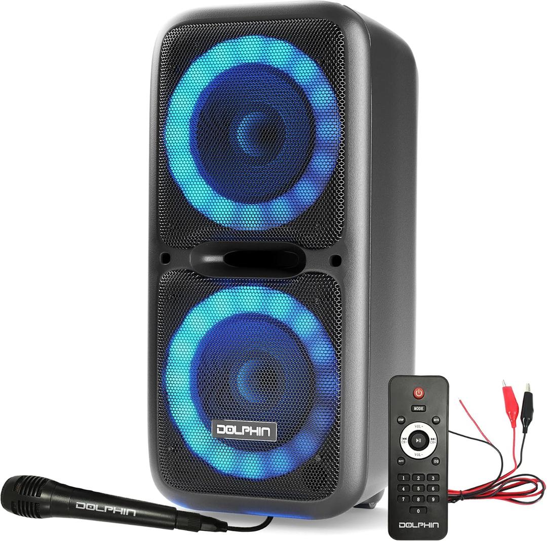 Dolphin BoxParty 2120 Dual 12" Party Speakers - Portable & Rechargeable Sound with Microphone, Bluetooth, USB, Hi-Fi Amp, Powerful Bass, 5-Band Equalizer & LED Lights - Long Battery Life - 2x12-inch