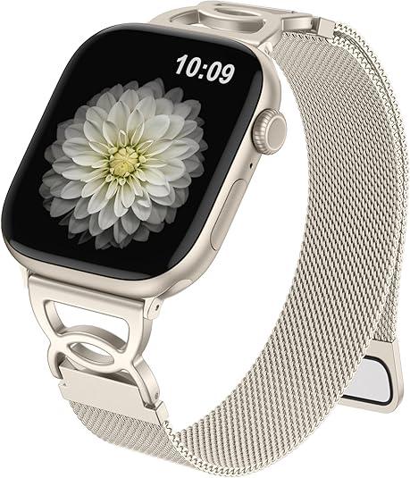 Adorve Slim Milanese loop Compatible with Apple Watch Bands 40mm 41mm 38mm 42mm Women, Thin Stainless Steel Mesh Loop Magnetic Wristbands for iWatch SE3 Series 11 10  (Starlight, 38mm/40mm/41mm/(42mm-series 11 10))
