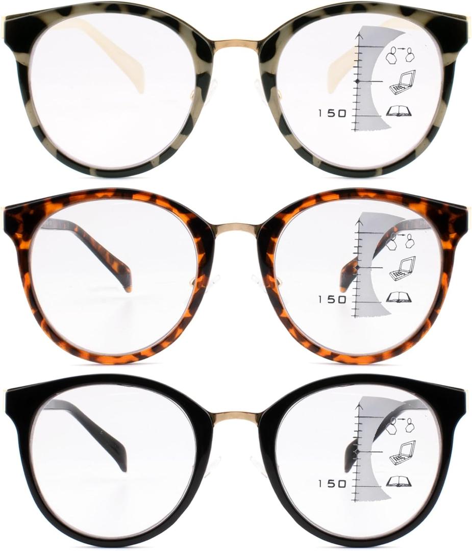 3 Pack Progressive Reading Glasses for Women Men Round Frame Multifocal Readers Fashion Metal Gasket Multi-Focus Glasses(Multicolor, +1.25) (Brown+black+beige Tortoiseshell)