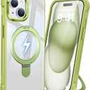 Magnetic Ring Stand Case for iPhone 15, 16FT Military-Grade Protection Shockproof, Non-Slip, Anti Scratch, Textured Grip & Clear Back for Hands-Free Video Calls (Clear Green)