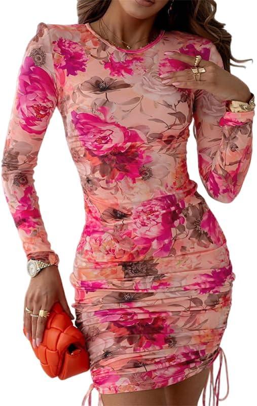 Women's Floral Long Sleeve Mini Dress Ruched Bodycon Date Night Outfit Party Club Dresses 2026 (Pink, S)
