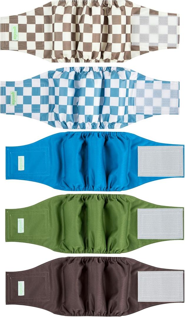 wegreeco Small Dog Diapers Male,Reusable Belly Bands for Male Dogs,Washable Doggie Puppy Male Diapers Wraps,Medium Large Size (5 Pack Medium, Blue Coffee Checkerboard)