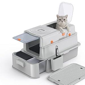 Soulbond Stainless Steel Cat Litter Box with Lid, Enclosed Large Metal Litter Box with Drawer and Flip Door for Big Cats, Top Entry, Odor Control, Easy to Clean (Light Grey)