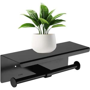 Double Toilet Paper Holder with Phone Shelf KWQKEM Dual Roll Tissue Holder Dispenser Wall Mounted SUS304 Commercial Stainless Steel Roll Holder Storage Cool Bathroom Accessory (Matte Black)