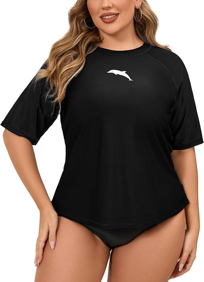 Halcurt Women's Plus Size Short Sleeve Rash Guard Swim Shirts Top Only Loose Fit Swim Tee UPF50+ Swimsuit (3X, All Black)