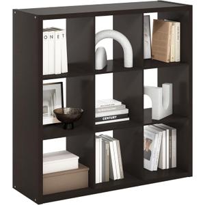 Furinno CUBICLE Book Shelf, 9-Cube Thick Frame Bookshelf, Reversible Bookcase with Open Back, 14.6" x 43.8" x 43.8", for Living Room, Bedroom, Home Office, Black Dark Oak