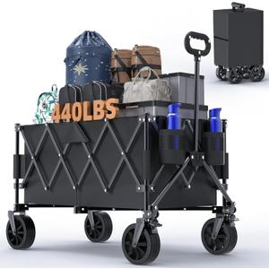 440lbs Collapsible Wagon Cart with Wheels, Large Capacity Wagons Carts Foldable, Heavy Duty Folding Utility Wagon with Side Pockets, Grocery Wagon for Beach, Camping, Sports, Transport, Black