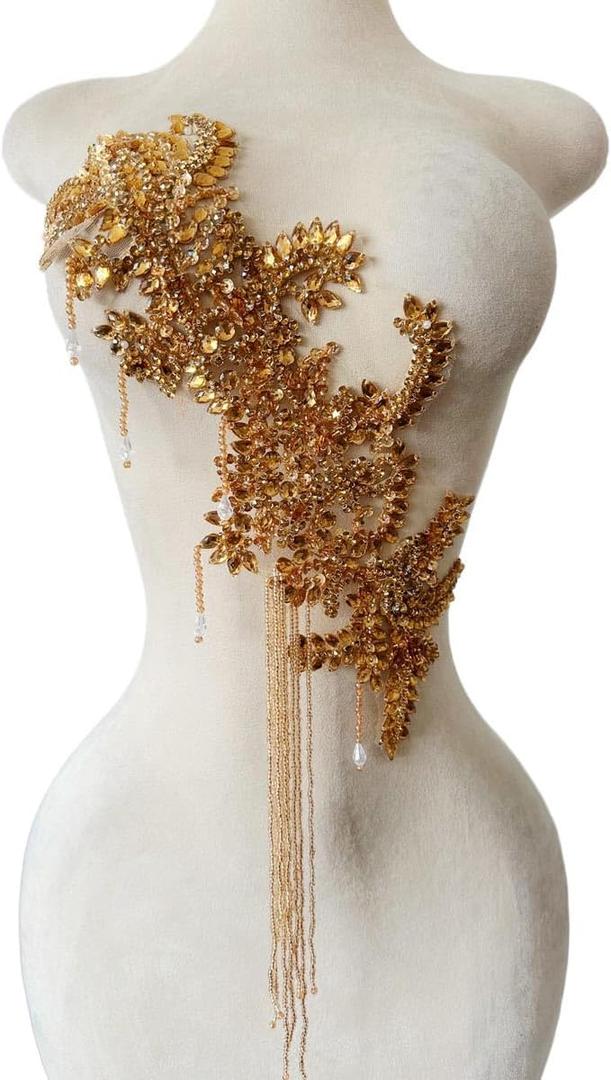 Pure Handmade Rhinestone Fringe Patch Trim Crystal Beaded Applique for Sewing Crafts Wedding Party Decoration Bridal Dress Accessories 16.1X16.9inches (Champagne)