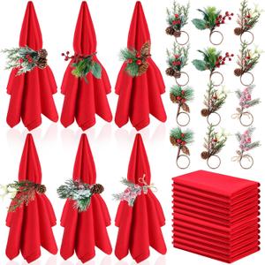 Suclain 24 Pcs Christmas Napkins and Ring Set 12 Red Cloth Napkins and 12 Holder for Fall Winter Holiday Handmade Trees and Pines(Classic)