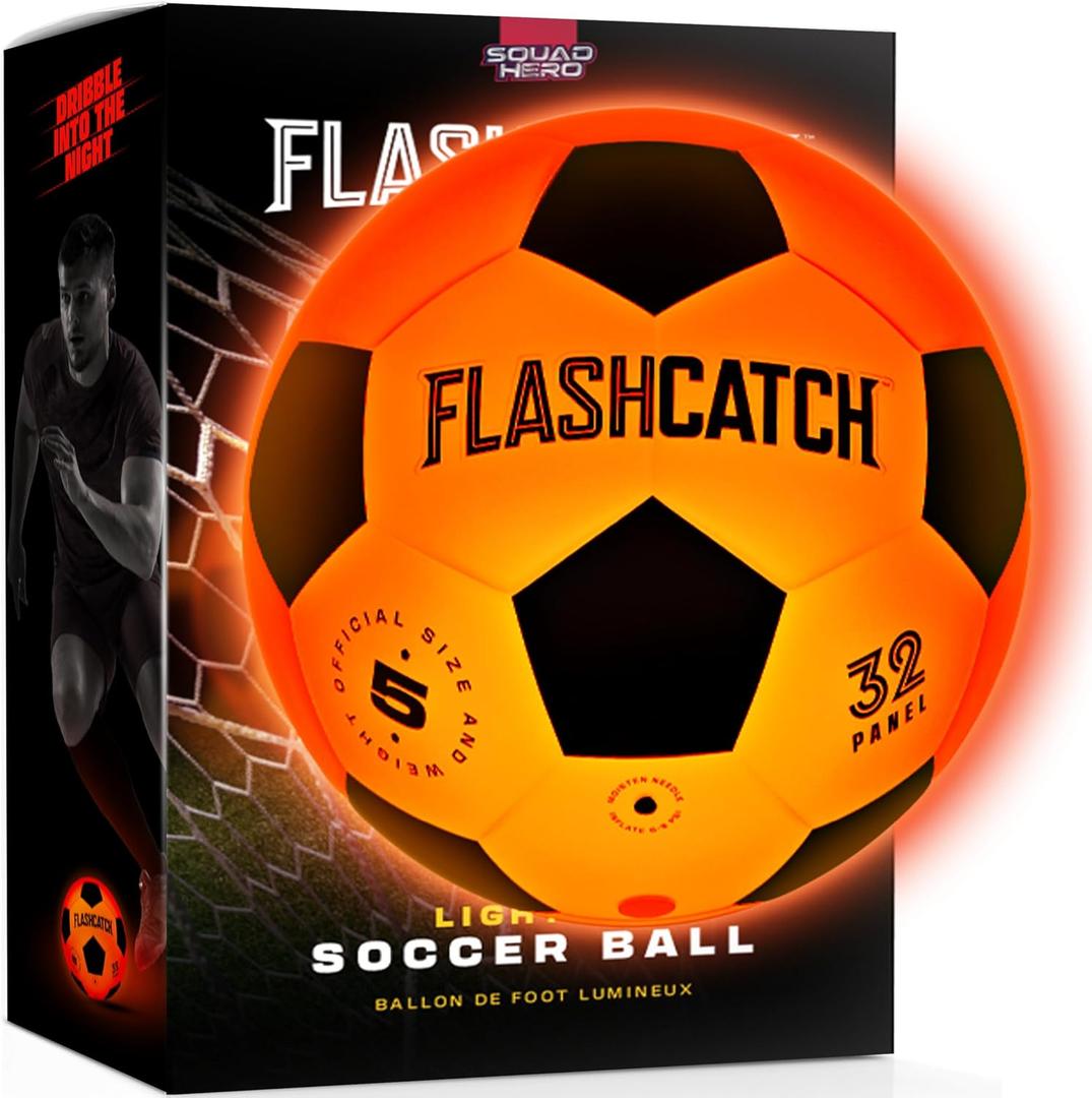 FlashCatch Light Up Soccer Ball - Glow in The Dark - NO 5 - Sports Gear Gifts for Boys & Girls 8-15+ Year Old - Kids, Teens Gift Birthday Ideas - Cool Boy Toys Ages 8 to 15 Glowing Night Activity
