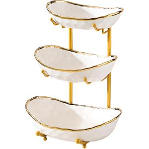 XUDREZ 3 Tier Fruit Bowl with Metal Stand for Kitchen Counter, Ceramic White Gold Silver, Tiered Fruit Basket for Nuts, Snacks, Bread, Candy Storage (White A)