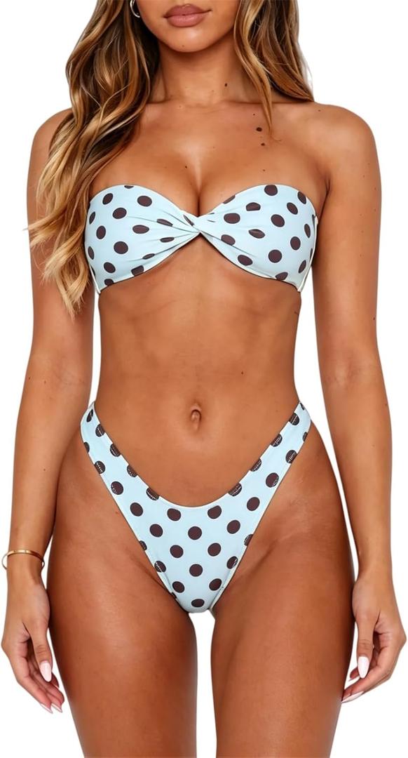 Women Bandeau Bikini Set Twist Front Strapless Tube Bikini Top High Cut Cheeky Thong 2 Piece Bathing Suit (Blue, S)