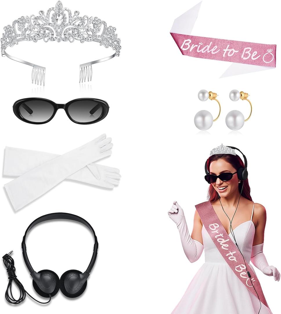 Princess Bachelorette Party Accessories Set  6 Pcs Bride Kit with Tiara, Sunglasses, Gloves, Sash, Earrings & Headset  Pink Bridal Shower & Costume Decorations for Women