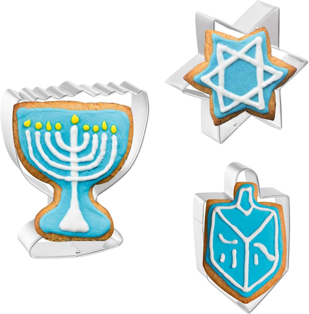 JOB JOL Hanukkah Cookie Cutters 3 PCS, 4'', Star of David, Dreidel, Menorah
