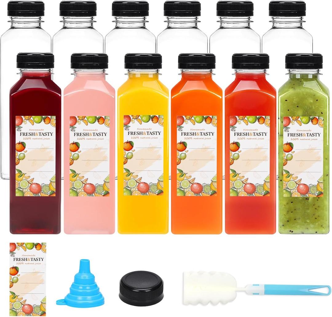 12pcs Juice Bottles, 16oz Reusable Plastic Juice Bottles with Caps and Labels, Funnel, Brush Beverage Containers for Juicing, Smoothies, Tea, Milk