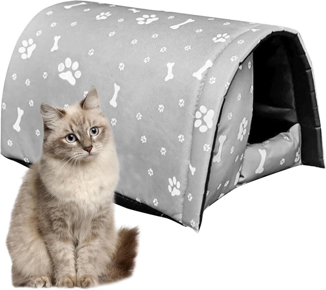 Fhiny Stray Cats Shelter, Waterproof Outdoor Cat House Foldable Warm Pet Cave for Winter Wild Animal Tent Bed Anti-Slip Kitten Cave for Feral Cat Dog Puppy Weatherproof Grey-L (L:21.7"×16"×14.5")