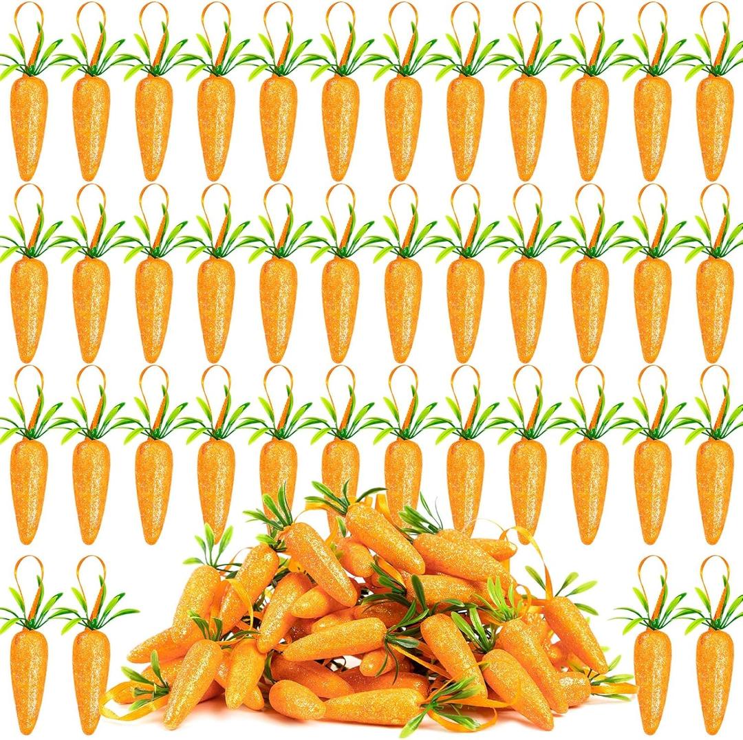 CLESDF Easter Carrot Hanging Ornaments, 48Pcs Premium Foam Glitter Artificial Carrots for Easter Tree Decoration
