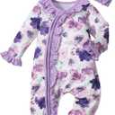 Infant Newborn Baby Girl Clothes Onesies for Baby Girl Long Sleeve Ruffle Baby Clothes with Headband (Preemie, Purple Flower) PR