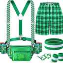 St Patricks Day Accessories Leprechaun Costume Green Fanny Pack with Drink Holder Irish Shamrock Shorts for Men(Plaid,M)