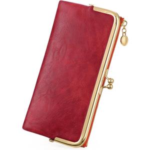GOIACII Womens Wallet Ladies Vintage Billfold Compact Card Holder Long Zip Clutch Purse with Kiss Lock Red