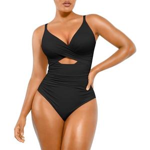 SHAPELLX Tummy Control Swimsuits Women V Neck One Piece Bathing Suit Ruched Push Up Slimming Swimwear Built-in Bra, L