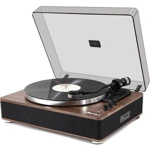 LP&No.1 High Fidelity All-in-One Record Player with Stereo Speakers, Turntables for Vinyl Records with USB Recording & Playback, Bluetooth Input and Output,Pitch Control, Auto Off (Wood Walnut Brown)