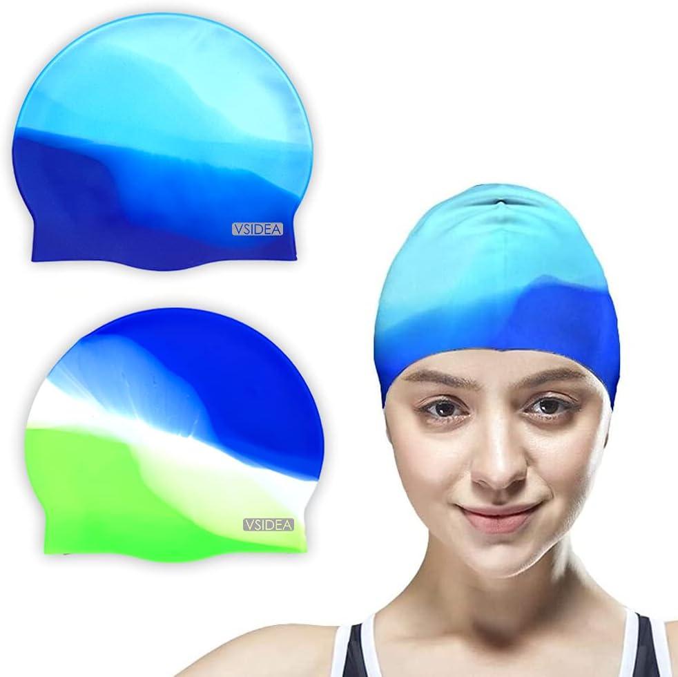 Silicone Swim Caps, 2 Pack Durable Comfortable Adult Swimming Cap Elastomeric for Women Man Short Hair Long Hair (Green+Blue)
