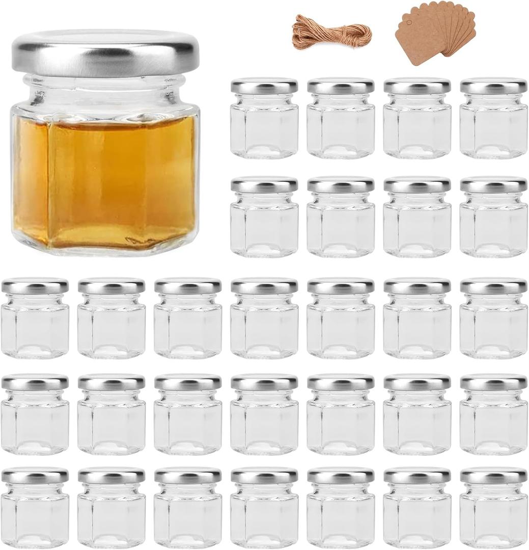 Encheng 1.5oz Clear Hexagon Jars,30 Pcs Mini Honey Jars with Silver Lids,Small Glass Jars with Tags and Jute Twine for Party Favor,Herbs,Jelly,Jams,Spices,Wedding Favor