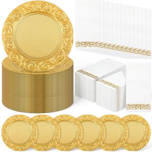 FoldTier 100 Set Antique Charger Plates with Napkins Set 13 Inch Plastic Round Chargers Bulk Embossed Rim Dinner Plates Elegant Guest Towels for Wedding Party Event Table Decoration Setting (Gold)