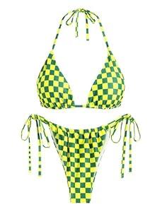 ZAFUL Triangle Bikini for Women 2 Piece Halter Bikini Sets Sexy High Cut Bathing Suit Side Tie Swimsuits Yellow Plaid, Small