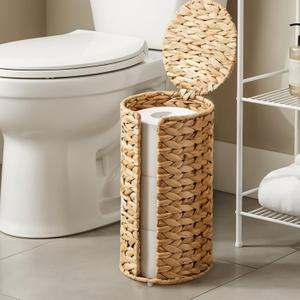 Water Hyacinth Free Standing Toilet Paper Holder Stand for Bathroom, 3 Rolls up to 5 Toilet Roll Holder Stand Storage with Lid, Decorative Boho Toilets Tissue Holders, for Bathroom and Under Sink