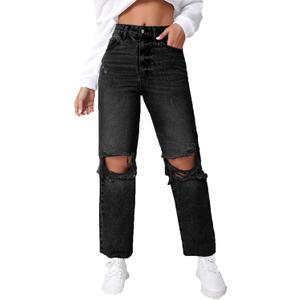 SweatyRocks Women's High Waist Ripped Distressed Cropped Jeans Straight Leg Denim Pants, M