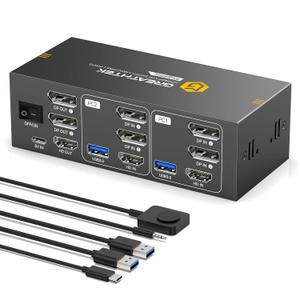 8K HDMI+Displayport KVM Switch 3 Monitors 2 Computers 8K@60HZ/4K@144HZ USB3.0 KVM Switcher 2 Ports for 2 PC/Laptop Sharing Keyboard&Mouse and 2 Screens, Wired Controller Included,EDID Adapative