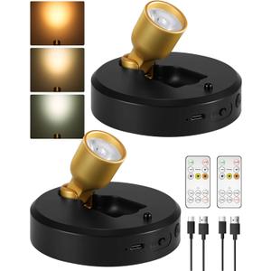 EZVALO Spotlight Indoor, Rechargeable Battery Picture Lights, Wireless Up Lights Indoor with Remote, Dimmable, 3 Color Temps, Timer, Accent Lighting for Plant, Tree, Art, Displays (2-Pack) (Black-Gold)