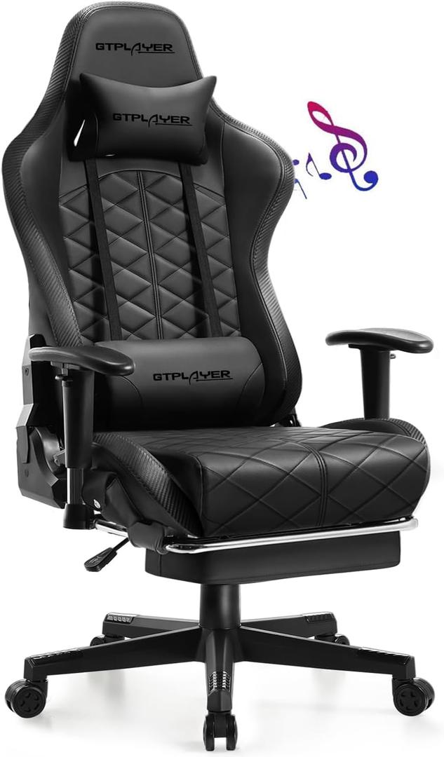 GTPLAYER Gaming Chair, Computer Chair with Bluetooth Speakers, High Back Ergonomic Office Chair Desk Chair with Lumbar Support, Height Adjustable Game Chair with Footrest 330LBS, Black