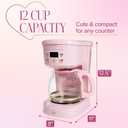 Paris Hilton Digital Coffee Maker, 12-Cup Programmable Drip Coffee Machine with Reusable Filter, Bold Brew, Auto Pause and Serve, Keep-Warm Plate, Glass Carafe, Pink
