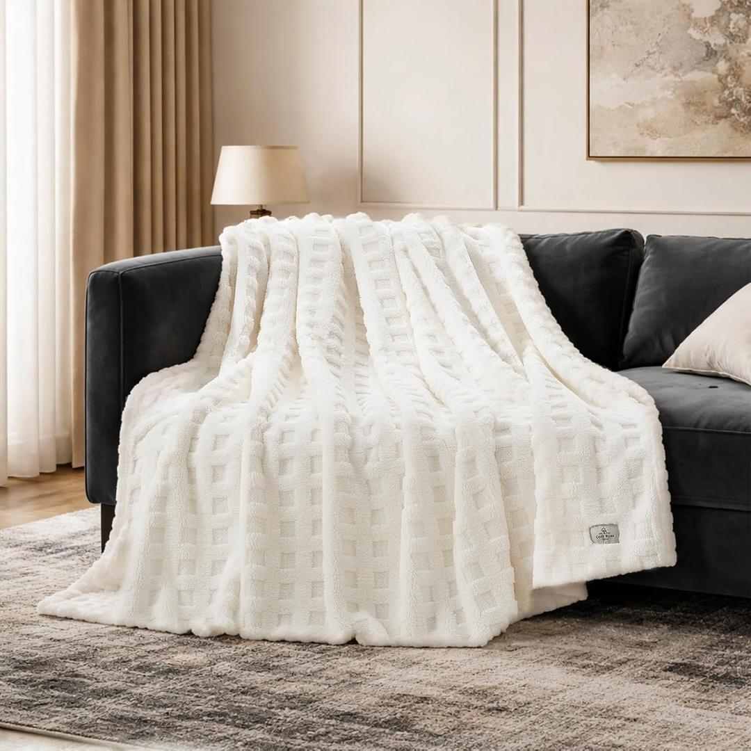 Cozy Bliss Super Soft Throw Blanket for Couch, Fluffy 3D Waffle Blanket for Sofa Bed Living Room Decor, Cute Warm All Season Gift for Women, Ivory, 50x60 Inches