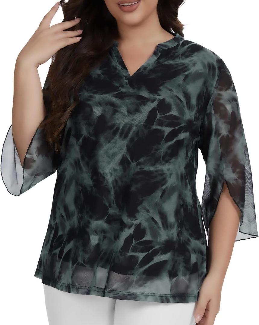 Betu Women's Plus Size Tops 3/4 Ruffle Sleeve Casual Work Mesh Blouses Printed Tunics Shirts (XXL)