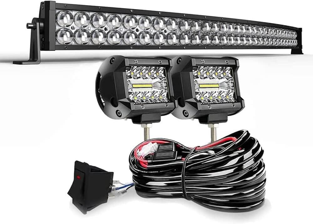 DOT 5D Curved 42Inch 240W Led Light Bar+2X 4Inch 60W Led Cube Pods W/Wiring Kit for Marine Boat Polaris Honda Pioneer Can Am Defender Dodge GMC UTV ATV SUV Kubota Kawasaki Suzuki Pathfinder GMC Yukon