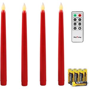 Rhytsing Red 10.8" Flameless Taper Candles with Timer, Battery Operated Candles with Remote, Smooth Wax Finish, Warm White LED, 8 Batteries Included - Set of 4