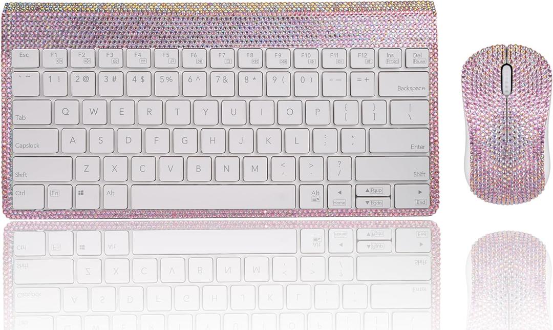 Pink Colorful Bling Luxury Crystal Rhinestone 2.4G Wireless Keyboard Mouse Sets for Laptop Computer, Cute Mouse for Girls - AB Pink