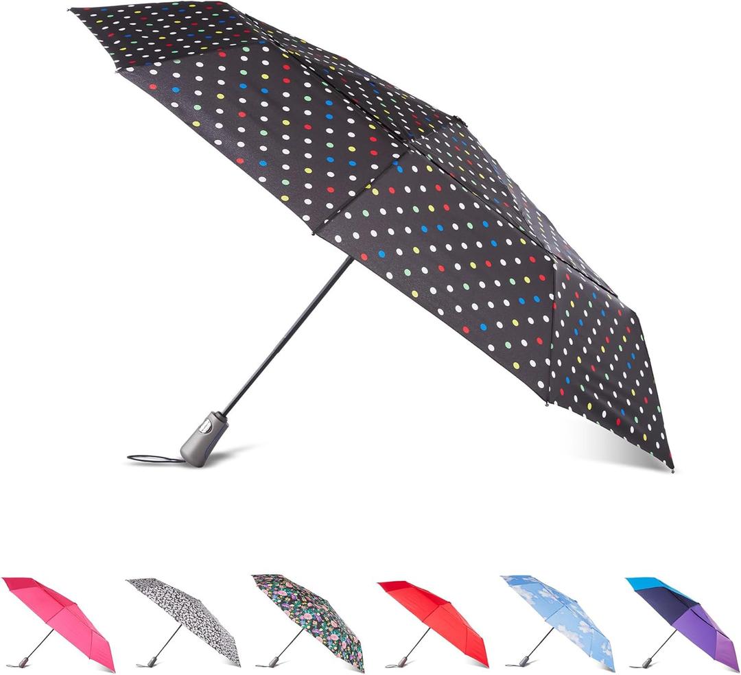 totes Auto Open/Close Windproof Ultimate Compact Umbrella with UV and Water Repellent Protection (55" Canopy, WHITE MULTI SPORT DOT) totes Auto Open/Close Windproof Ultimate Compact Umbrella with UV and Water Repellent Protection (55" Canopy, WHITE MULTI SPORT DOT)