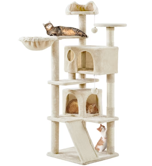Alden Design 54" Double Condo Cat Tree with Scratching Post Tower, Beige