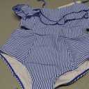 Saodimallsu Women High Waisted 2 Piece Bikini Set Bandeau Ruffle Swimsuit Top Striped Bathing Suits (Small, Royal Blue)