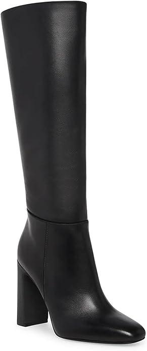 Coutgo Women's Chunky Heeled Knee High Boots Classic Leather Square Toe Zippered Tall Boot, Black, Size 7