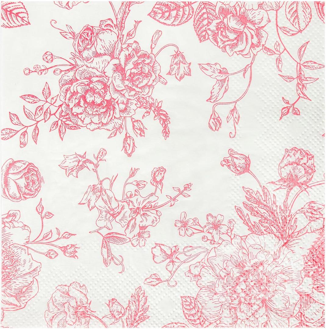 100 Floral Cocktail Napkins Pink and White Toile Paper Napkins 5 Vintage Pink Flower Bouquet Disposable Hand Towels for Bridal Baby Shower Christmas Tea Party Supplies