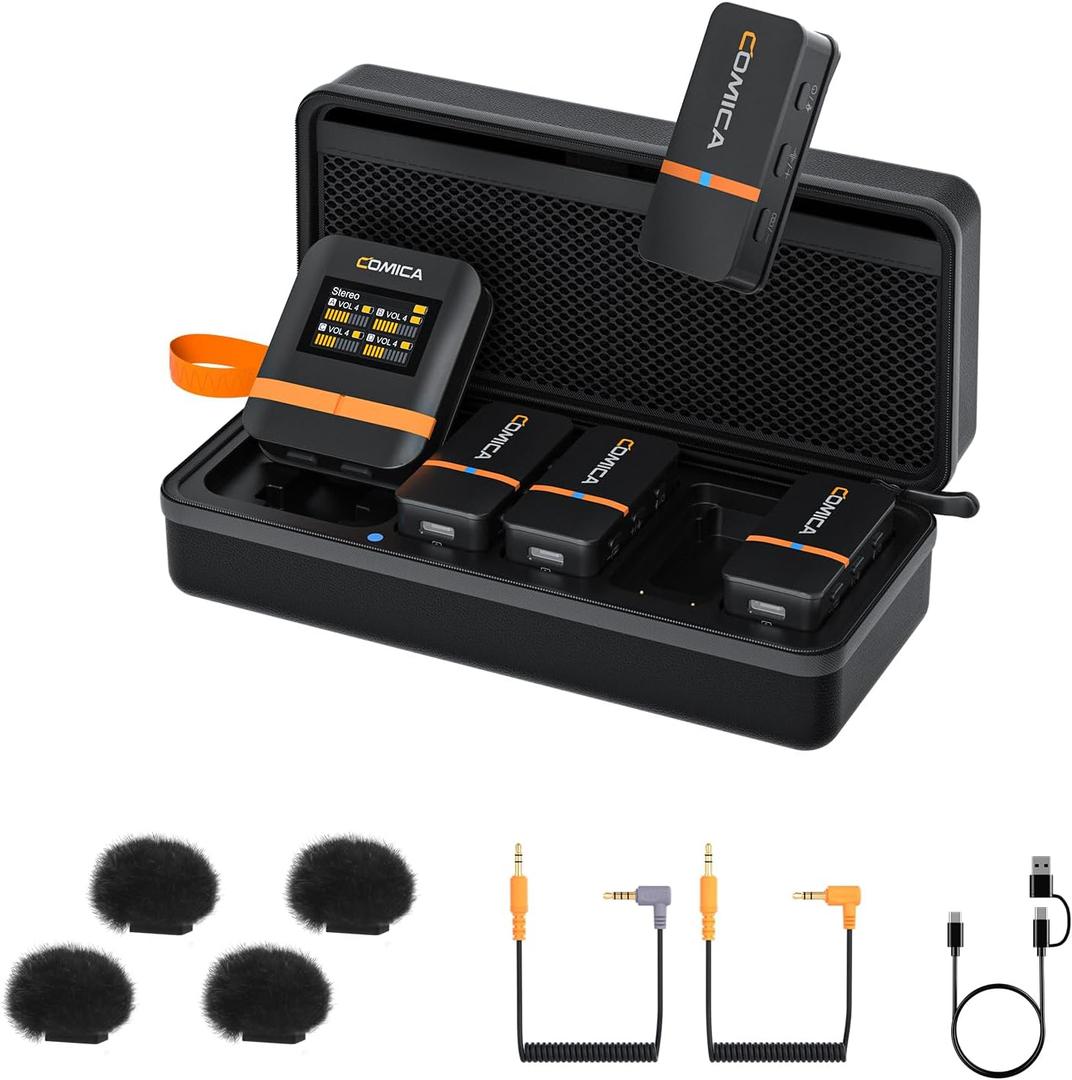 COMICA Vimo Q 4 Channel Wireless Lavalier Microphone System with Noise Reduction, 4 Audio Tracks Output, 656ft Range, Wireless Mic for Cameras iPhone Android,Wedding/Video Recording/Livestream (Black)