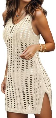 Bellelily Swimsuit Coverup for Women Bathing Suit Cover ups Crochet Beach Tank Dress Hollow Out Slit Bikini Cover Up Dresses, Size: M