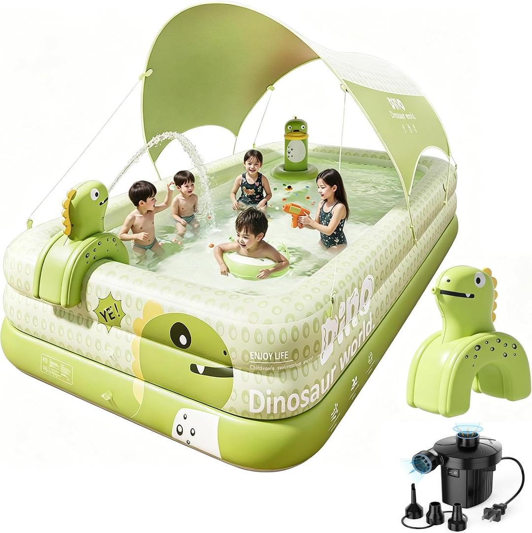 Inflatable Swimming Pool with Canopy & Air Pump & Inflatable Water Spray Gun, 118" Swimming Pool for Adults, Large Blow Up Pool Ideal for Family Backyard Garden Party, Outdoor Summer Fun
